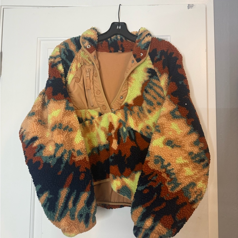 Free People Tie-Dye Sherpa Teddy Jacket in Orange, Yellow, Black, Brown